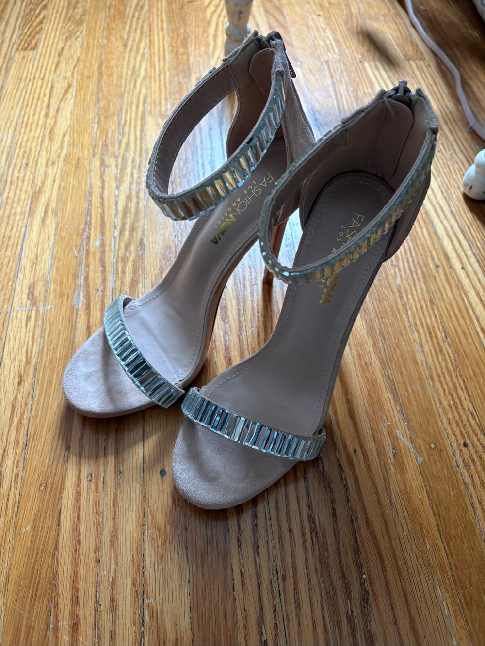 Fashion Nova Taupe Suede Beaded Ankle Strap Sandals with Jewels